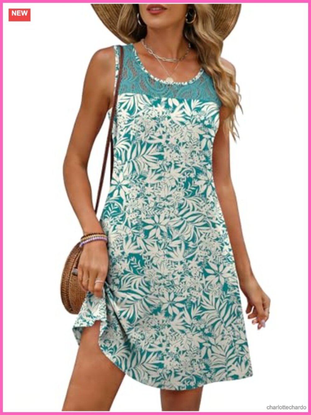 Lace Crew Neck Sleeveless A-Line Mini Tank Dress with Pockets